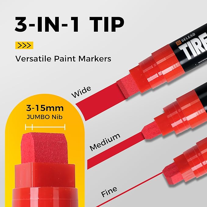 SELEAD Jumbo Tire Marker White Red - 4 Pack 15mm Wide Tip Paint Pens for Car Tires Lettering, Large Capacity Premium Ink Waterproof Permanent Markers