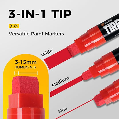 SELEAD Jumbo Tire Marker White Red - 4 Pack 15mm Wide Tip Paint Pens for Car Tires Lettering, Large Capacity Premium Ink Waterproof Permanent Markers
