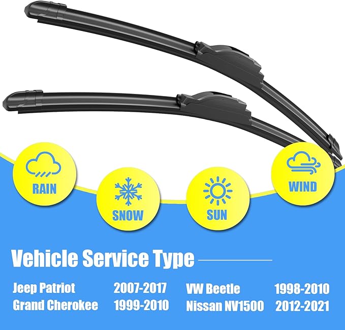 Gavimnal® 21"+21" Silicone Wiper Blades Replacement For Jeep Patriot 2007-2017 Grand Cherokee 1999-2010/VW Beetle 1998-2010/ Nissan NV1500 2012-2021,All-Season Front Windshield Wiper Blades(Set of 2)