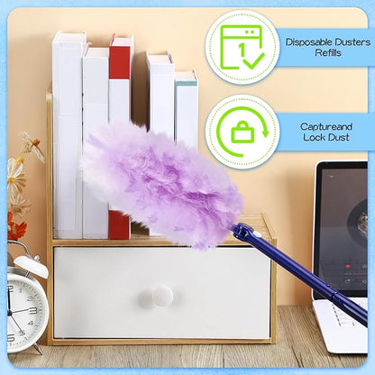 Vesici 100 Pcs Duster Refills Compatible with Swiffer Dusters Bulk Disposable Replacement Thickened with 1 Handle Heavy Duty for Cleaning, Office (Purple and Pink)