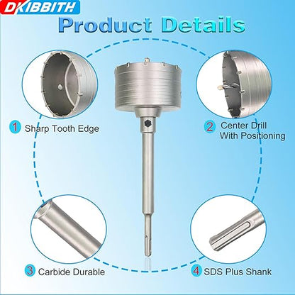 1-1/2" Concrete Hole Saw, 38mm Tungsten Steel Core Bit for Cinder Block, Brick, Rock, Plank Walls for Pipes or mini Split Lines, with SDS Plus Shank and 2 Center Positioning Drill Bits.