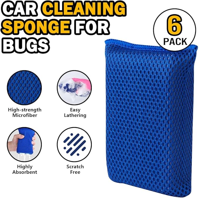 AIDEA Car Wash Sponge, Microfiber Large Bug and Tar Remover for Cars, Non Scratch Reusable Mesh Car Wash Sponges, Blue, 5.71 * 3.54 * 1.89 inch