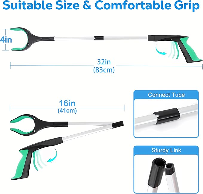 Grabber Reacher Tool - 32” Extra Long Foldable Gripper and Reaching Tool - Heavy Duty Pick Up Stick Grabbers for Seniors, Trash, Surgery Recovery Must Haves Gifts (Green)