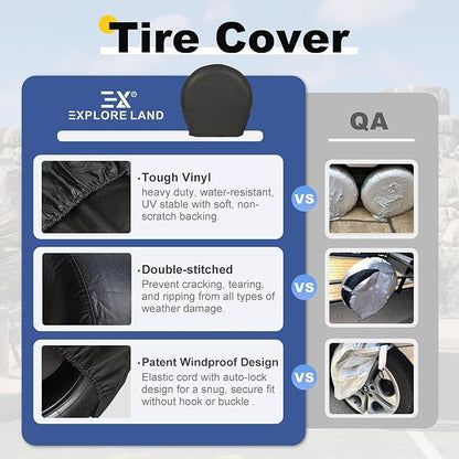 Explore Land Tire Covers 4 Pack - Tough Wheel Protector for Truck, SUV, Trailer, Camper, RV Universal Fits Tire Diameters 29-31.75 inches, Black
