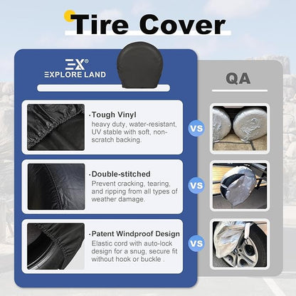 Explore Land Tire Covers 4 Pack - Tough Wheel Protector for Truck, SUV, Trailer, Camper, RV Universal Fits Tire Diameters 39''-42'', Black