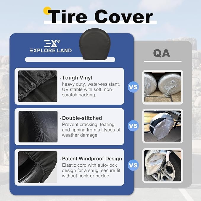 Explore Land Tire Covers 4 Pack - Tough Wheel Protector for Truck, SUV, Trailer, Camper, RV Universal Fits Tire Diameters 23-25.75 inches, Black
