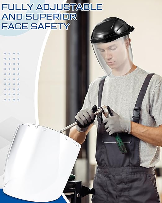 Tellegloww 6 Pcs Safety Face Shield for Grinding and Cutting, Clear Impact Resistant Visor, Full Face Shield Mask with Ratchet Headgear for Grinding, Isolation, Weed Whacking, Industrial Use (Black)