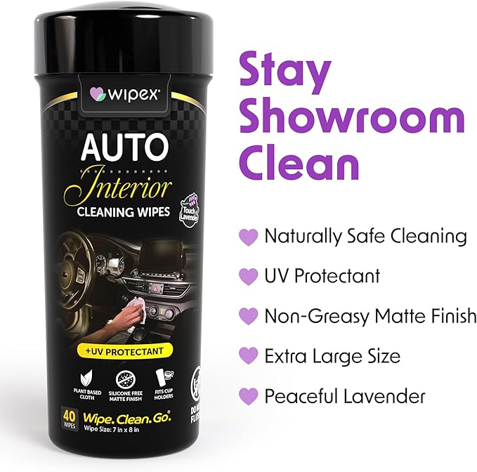 Wipex Auto Interior Car Cleaning Wipes - Plant Based Car Wipes - Lavender Essence, UV Protectant, Safe for Vinyl, Rubber, Plastic, Leather, Chrome, Non-Greasy Matte Finish, 40 Count (Pack of 3)