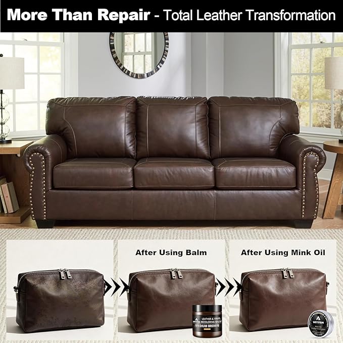 8.5 OZ Leather Recoloring Balm with 100ML Leather Conditioner - Medium Brown Leather Repair Kit for Furniture, Leather Dye, Recolor, Renew, Repair & Restore Aged, Faded, Cracked, Peeling and Scuffed