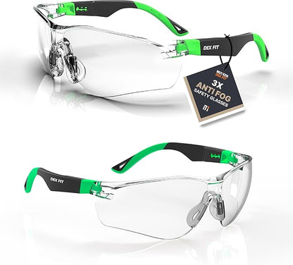 DEX FIT Safety Glasses SG210, Z87 Eye Protection, 3X Anti-Fog & Scratch Resistant, Adjustable for Women and Men, UV Protection (Black & Green Frame, Clear Lens)