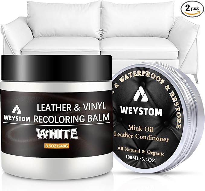 8.5 OZ Leather Recoloring Balm with 100ML Leather Conditioner - White Leather Repair Kit for Furniture, Leather Dye, Recolor, Renew, Repair & Restore Aged, Faded, Cracked, Peeling and Scuffed Leather