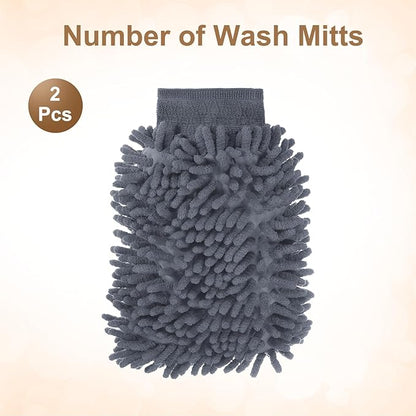 HARFINGTON 2pcs Chenille Microfiber Car Wash Mitts 9.8" x 7.9" Scratch Free Wash Gloves Absorbent Double Sided Plush Cleaning Drying Mitts for Car Washing Home Gray