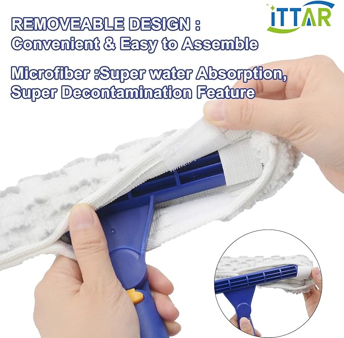 ITTAR Rotatable Window Washing Kit, Window Cleaner Squeegee with 60" Extension Pole, Rubber Squeegee & 2 Microfiber Scrubber Combo, Window Washing Equipment for Cleaning Shower, Windows, Car Glass