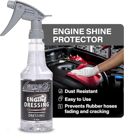 LANE'S Engine Dressing | Professional Engine Bay Cleaner and Protector Shine | Prevents Rubber Hoses Fading and Cracking | Easy to Use, Dust Resistant Degreaser & Detail Spray | 32 oz, 2 Pack