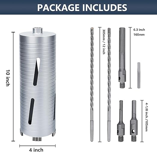 4 inch Diamond Dry Core Drill Bit, 10" Drilling Depth, 5/8"-11 Thread Core Drill Bit for Concrete Masonry Brick Block, Includes 3 Adapters SDS Plus, SDS Max and Hex (4 inch)