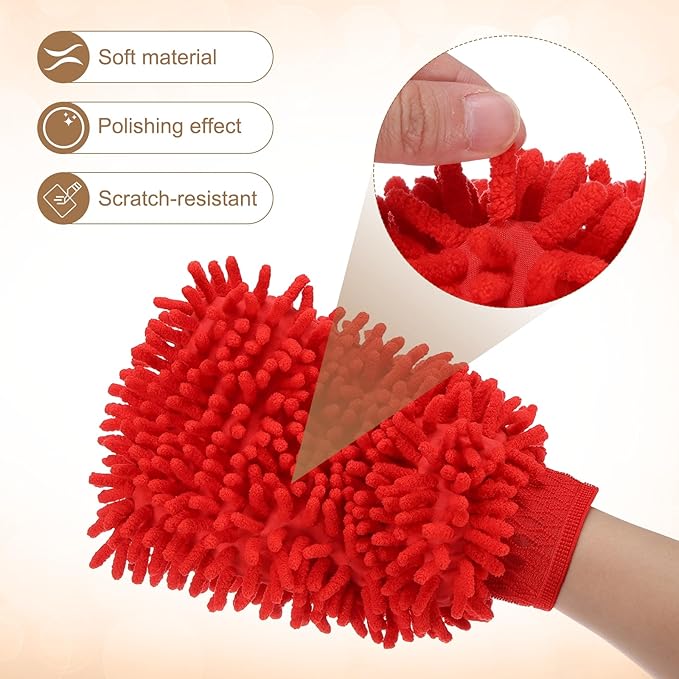 HARFINGTON Chenille Microfiber Car Wash Mitts 9.8" x 7.9" Scratch Free Wash Gloves Absorbent Double Sided Plush Cleaning Drying Mitts for Car Washing Home Red
