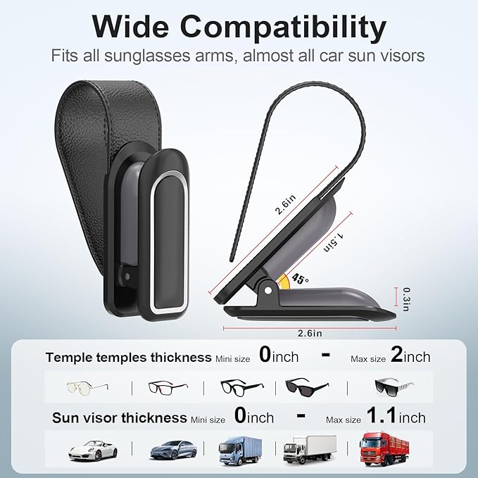 Veharvim Sunglass Holder for Car (2 Pack, One-Handed Operation, Gentle & Secure Hold, Silicone Padded, Universal Fits Sunglass and Car Visor) - Sunglasses Clip for Car Visor (Black & Silver, 1 Pack)