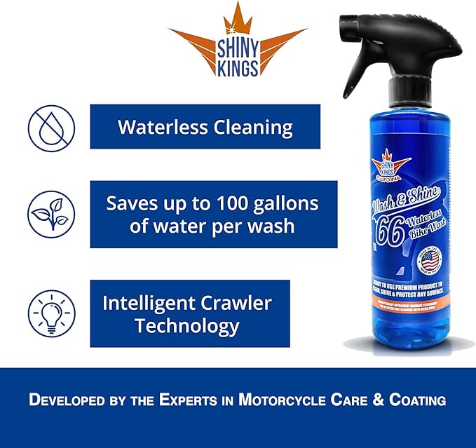 Shinykings Motorcycle Cleaner Wash&Shine 66 | 2x16 fl oz WATERLESS Motorcycle Wash with Ultra Shine Effect | Powerful Detailing Spray for All Surfaces | Motorcycle Cleaning Kit California |