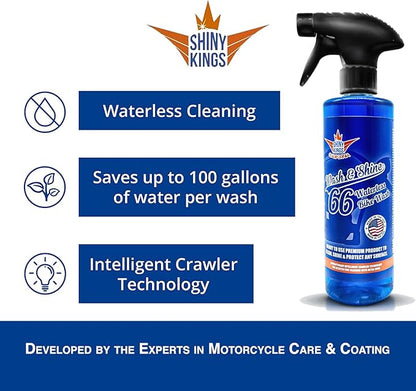 Shinykings Motorcycle Cleaner Wash&Shine 66 | 2x16 fl oz WATERLESS Motorcycle Wash with Ultra Shine Effect | Powerful Detailing Spray for All Surfaces | Motorcycle Cleaning Kit California |