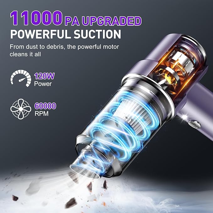 KMM Handheld Car Vacuum Cleaner, 11000PA Vacuum Cleaner & Air Duster, 120W High Power Vacuum Portable Cordless, Hand Held Vacuum Rechargeable with Multi-Nozzles & LED Light for Home, Car, Office