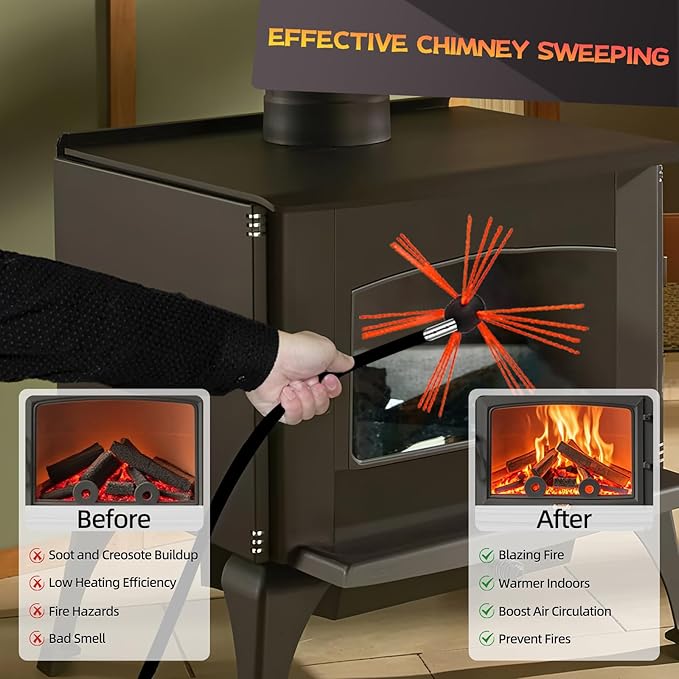 Cleancraft 23 Feet Chimney Sweep Kit, Chimney Cleaning Kit with 7 Flexible Black Chimney Rods, Rotary Chimney Cleaning System Driven by Drill for Sweeping Fireplace, Chimney Cleaners with Strong Brush