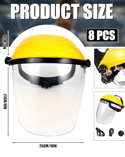 Tellegloww 8 Pack Safety Face Shield for Grinding and Cutting, Full Impact Resistant Face Shield Mask for Work Chemical Woodworking (Yellow)