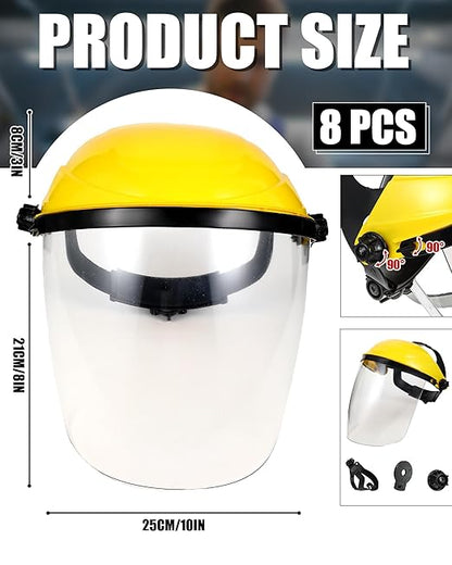 Tellegloww 8 Pack Safety Face Shield for Grinding and Cutting, Full Impact Resistant Face Shield Mask for Work Chemical Woodworking (Yellow)