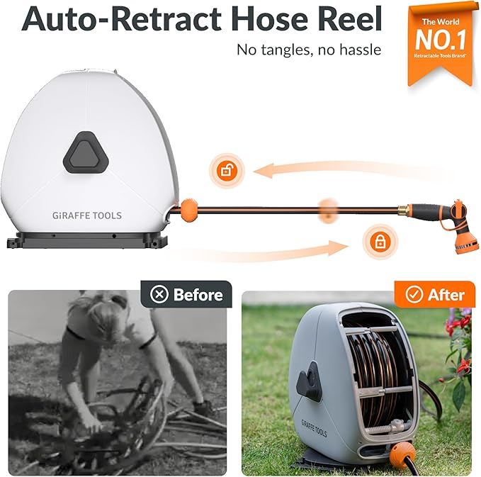 Giraffe Tools Heavy Duty Retractable Hose Reel, 5/8" x 92FT Automatic Rewind Garden Hose Reel with 360° Swivel Base, Ground Mounted for Lawn, Patio, Concrete Floor & Yard Watering