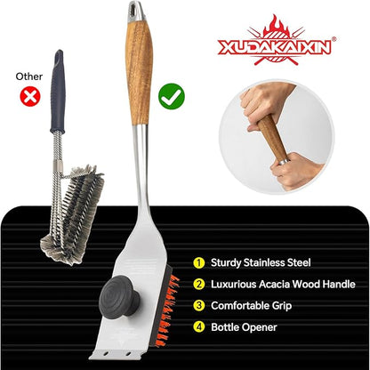 Nylon Grill Brush,Dual Grip Design,with Extended Luxurious Acaciawood Handle,Safe Nylon Bristles Barbecue Triple Scrubbers Cleaning Brush for Cast Iron Grates/Porcelain/Charcoal Grill