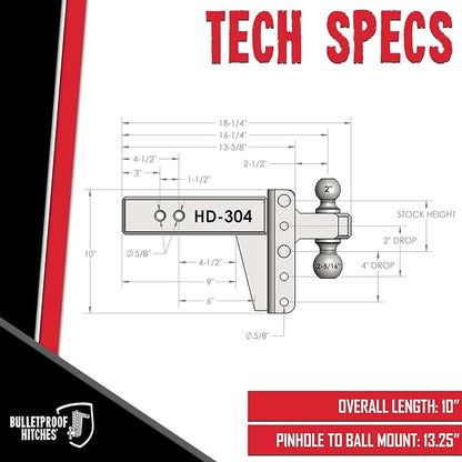 BulletProof Hitches - 3.0" Adjustable Heavy Duty Trailer Hitch (22,000 lb. Rating) - 4" Drop/Rise Trailer Hitch with 2" & 2-5/16" Dual Ball - Powder Coat, Solid Steel, Corrosion-Resistant