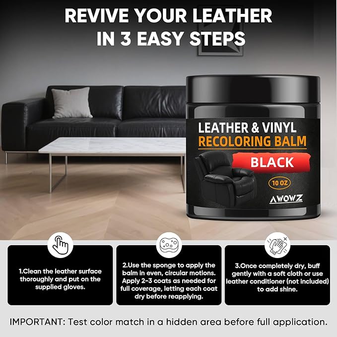 AWOWZ Leather Recoloring Balm - Scratch Repair & Color Restore Kit for Faded Leather, Leather Couch & Car Seats - 10OZ Leather Restorer Balm for Furniture, Auto Interior, Vinyl, Accessories (Black)