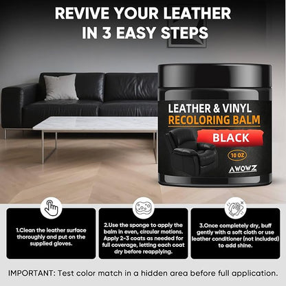 AWOWZ Leather Recoloring Balm - Scratch Repair & Color Restore Kit for Faded Leather, Leather Couch & Car Seats - 10OZ Leather Restorer Balm for Furniture, Auto Interior, Vinyl, Accessories (Black)