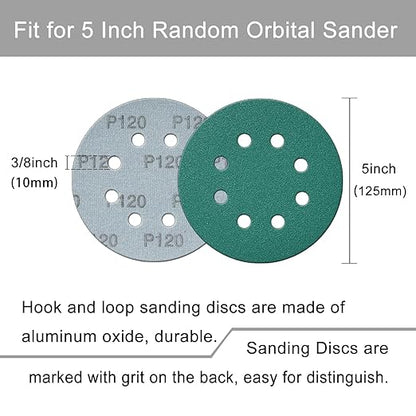 5 Inch 8 Hole 80 Pcs Sanding Discs Set Heavy-Duty Hook and Loop 60 80 100 120 150 180 240 320 Grit Polyester Green Film Backed Sandpaper Wet Dry Sanding Disc for Random Orbital Sander
