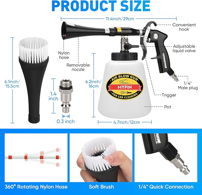 MYPIN Car Cleaning Gun Kit, 6-9.2Bar, High Pressure Air Blow Gun with 2 Set Nozzle, Interior Car Cleaning for Vehicle Upholstery Carpet Seat