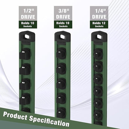 WORKPRO Magnetic Socket Organizer, 3/8-Inch Drive Aluminum Alloy Sockets Rail, Heavy Duty Sockets Holder, Socket Rack Kit 3/8-Inch x 10 Clips Green (Socket not Included)
