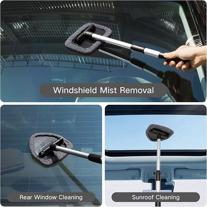 Qydipclin 10pcs Windshield Cleaning Tool Inside Car Window Cleaner Wash Kit with 4 Reusable Microfiber Pads 1 Spray Bottle and Extendable Handle Interior Auto Glass Wiper Kit, Gray