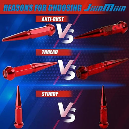 JiiinMiiin M10x1.25 Long Steel Spike Lug Nuts, Thread Pitch 10x1.25, Set of 16 ATV Wheel Nuts with A Socket. [Red]