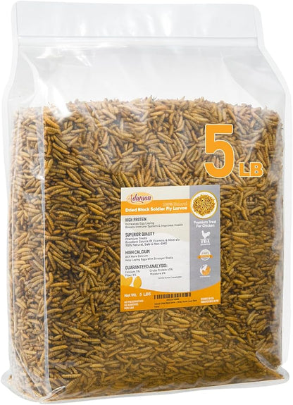 Adaman Dried Black Soldier Fly Larvae 5 LBS-100% Natural BSF Larvae-More Calcium Than Dried Mealworms High-Protein Chickens Treats, Food for Birds, Ducks, Layer Hens