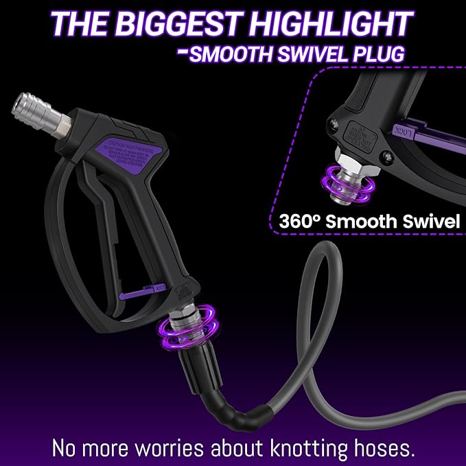 Short Pressure Washer Gun, Swivel Power Washer Gun 4060 PSI, Stubby Pressure Washer Gun with 3/8" Smooth & 1/4" Quick Connector Coupler Compatible with Hose Foam Cannon Car Wash Foam Gun（Black）