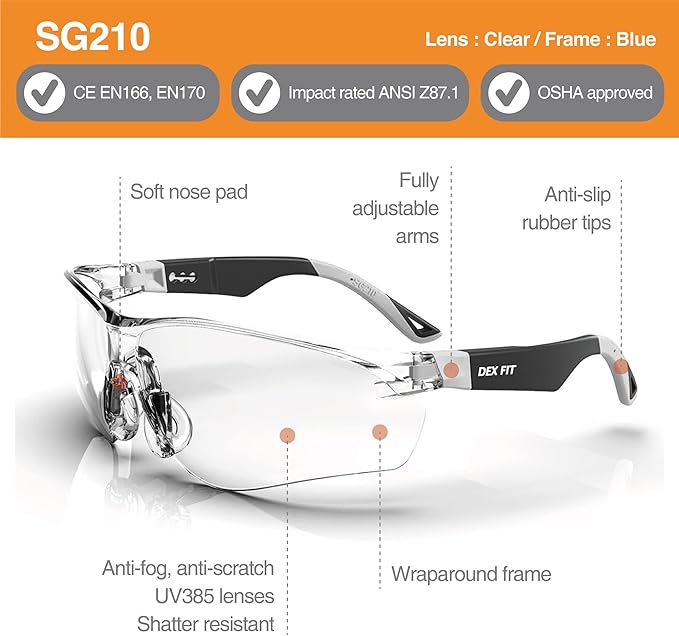 DEX FIT Safety Glasses SG210, Z87 Eye Protection, Anti-Fog & Scratch Resistant, Adjustable for Women and Men, UV Protection (Black & Grey Frame, Clear Lens)