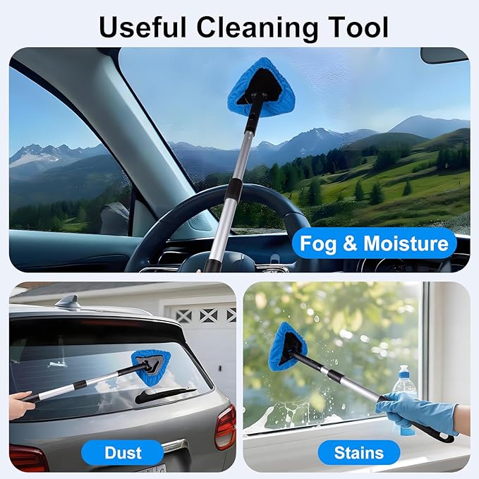 BITOPE All-in-One Car Windshield Cleaner Kit | Extendable Tool with 3 Reusable Microfiber Pads & Spray Bottle for Interior & Exterior Window Cleaning on Cars, SUVs, Trucks