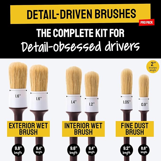 Soft Boar Hair Car Detailing Brush Set - 6-Pack - Scratch-Free Soft Bristle Cleaning Brushes - Reaches Tight Spots & Interior Car Cleaning Kit - Ergonomic & Durable Detailing Supplies