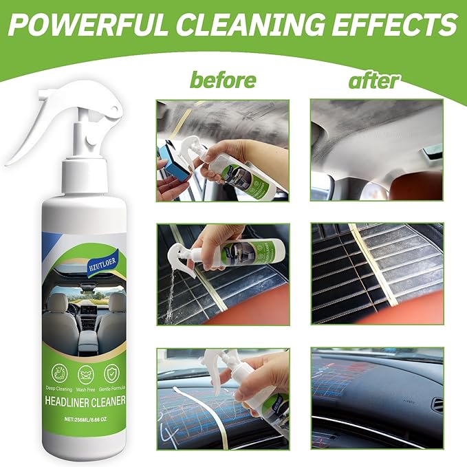 Hzutloer 8.66 OZ (256 ml) Car Ceiling Cleaner,Headliner Cleaner,Multifunctional Car Interior Roof Fabric Cleaner Spray,Multi Purpose Deep Clean for Leather,Fabric,Plastic of Auto and Home