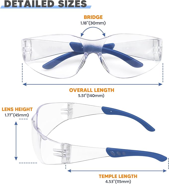 SATTRON Clear Safety Glasses 24 Pack, Polycarbonate Lens with Rubber Temples, Safety Goggles Anti-Scratch Impact Resistant, Eye Protection for Work Lab Construction, Clear Lens/Blue Frame