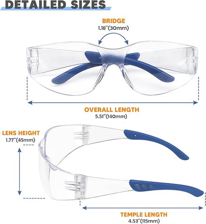 SATTRON Clear Safety Glasses 24 Pack, Polycarbonate Lens with Rubber Temples, Safety Goggles Anti-Scratch Impact Resistant, Eye Protection for Work Lab Construction, Clear Lens/Blue Frame