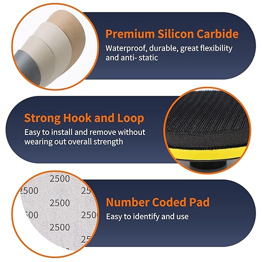 45PCS 5 Inch Wet Dry Sanding Discs Kit with Hook and Loop Backing Pad 5/8-11 and Foam, Angle Grinder Drill Sanding Attachment, Sander for Drill 400 to 5000 Grits Sandpaper for Wood Metal Car