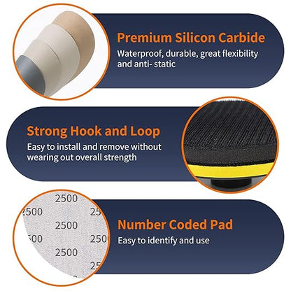 45PCS 5 Inch Wet Dry Sanding Discs Kit with Hook and Loop Backing Pad 5/8-11 and Foam, Angle Grinder Drill Sanding Attachment, Sander for Drill 400 to 5000 Grits Sandpaper for Wood Metal Car