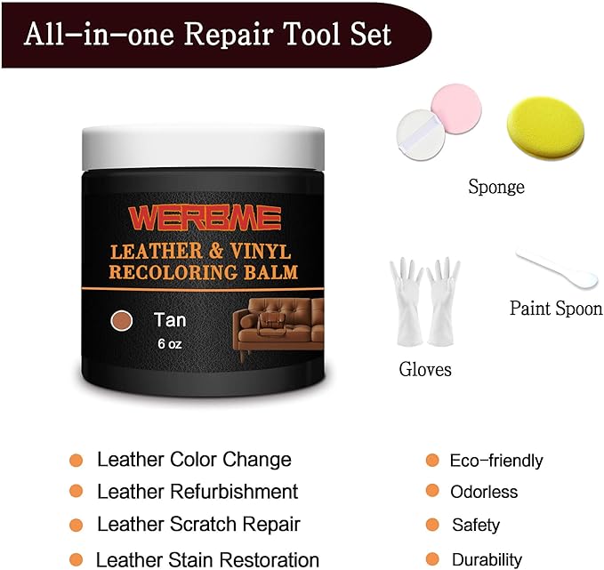 WERBME Leather Recoloring Balm & Color Restorer - Multipurpose Dye & Paint for Faded Leather Couches, Car Seats, Shoes | Fix Scratches on Clothing, Furniture & Accessories(Tan)