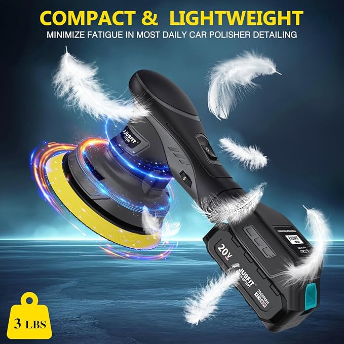JUSFIT Cordless Car Buffer Polisher kit, 2x 2000mAh 20V Batteries, 6-Speed Brushless Motor, 6-Inch Pad, 3.0LB Lightweight, Dual Action Random Orbital, Car Detailing, Boat, Wood & Furniture