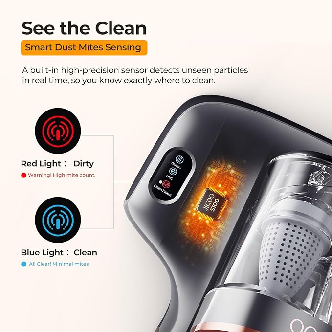 JIGOO Cordless Mattress Vacuum Cleaner with UV-C Light, Bed Vacuum Cleaner with Dust Sensor, Ultrasonic and High Heating, Deep Cleaning Bed Vacuum for Sofa Bed Fabric Surface (S100 Cordless)